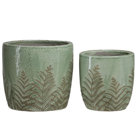 URBAN TRENDS COLLECTION Terracotta Round Pot with Fern Leaf Body Green Set of 2 44004